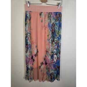 Magic Women’s Full Pleated Floral Maxi Skirt Elastic High Waist Boho XL Pink